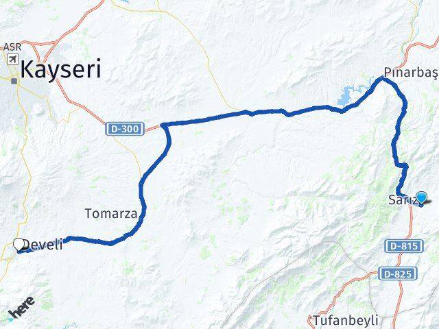 Kayseri Sarız Develi Arası Kaç Km - Yol Haritası