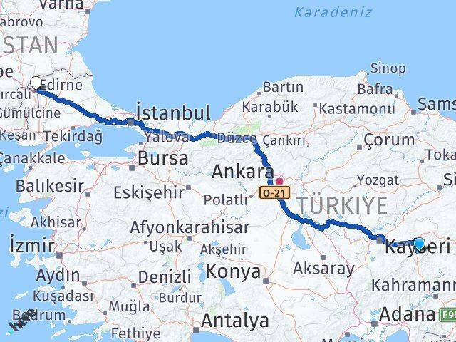 Kayseri Sarız Edirne Arası Kaç Km - Yol Haritası