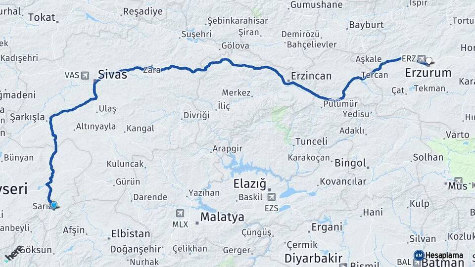 Kayseri Sarız Erzurum Arası Kaç Km - Yol Haritası