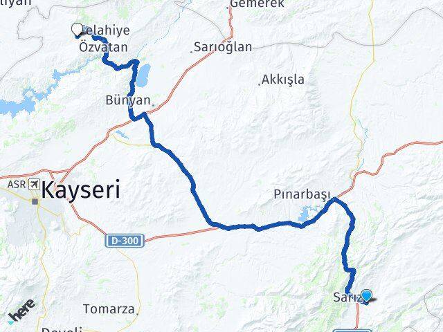 Kayseri Sarız Felahiye Arası Kaç Km - Yol Haritası