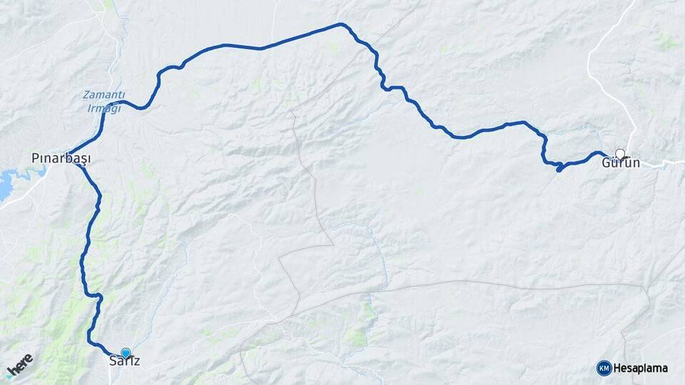 Kayseri Sarız Gürün Sivas Arası Kaç Km - Yol Haritası
