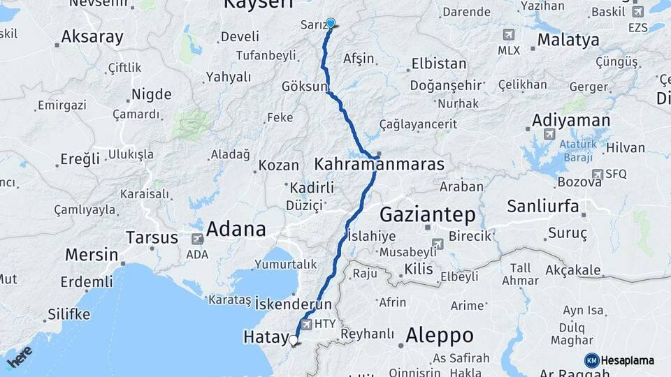 Kayseri Sarız Hatay Arası Kaç Km - Yol Haritası