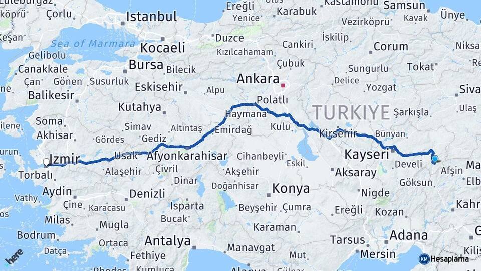 Kayseri Sarız İzmir Arası Kaç Km - Yol Haritası