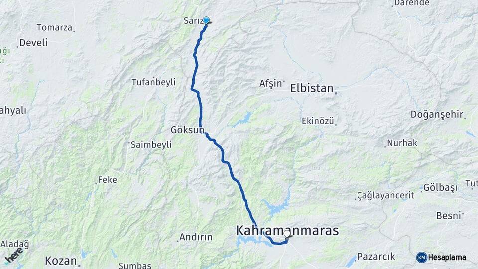 Kayseri Sarız Kahramanmaraş Arası Kaç Km - Yol Haritası