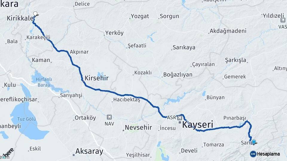 Kayseri Sarız Kırıkkale Arası Kaç Km - Yol Haritası