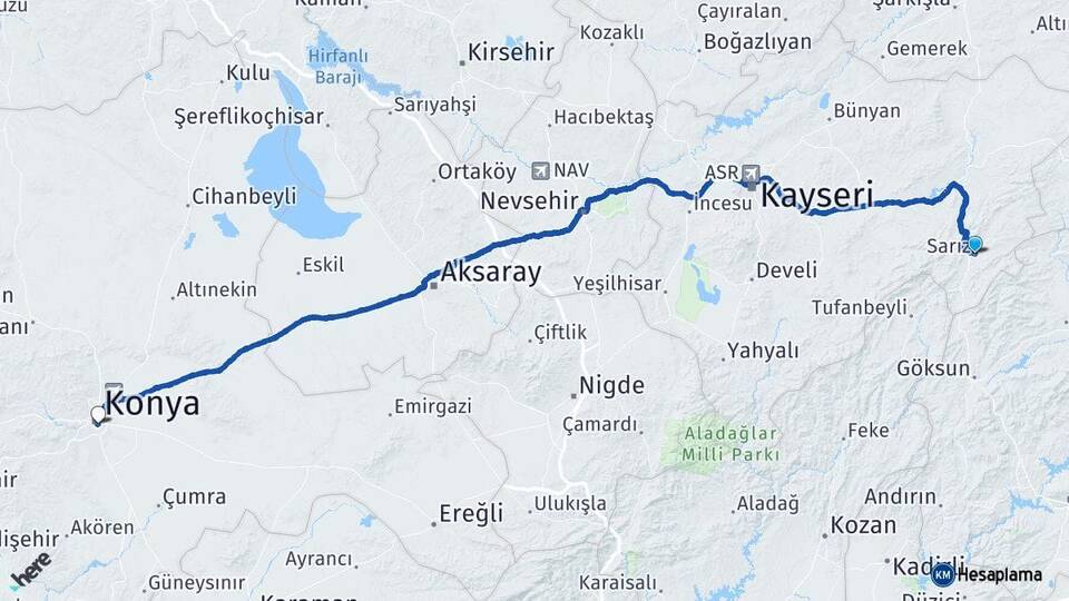 Kayseri Sarız Konya Arası Kaç Km - Yol Haritası