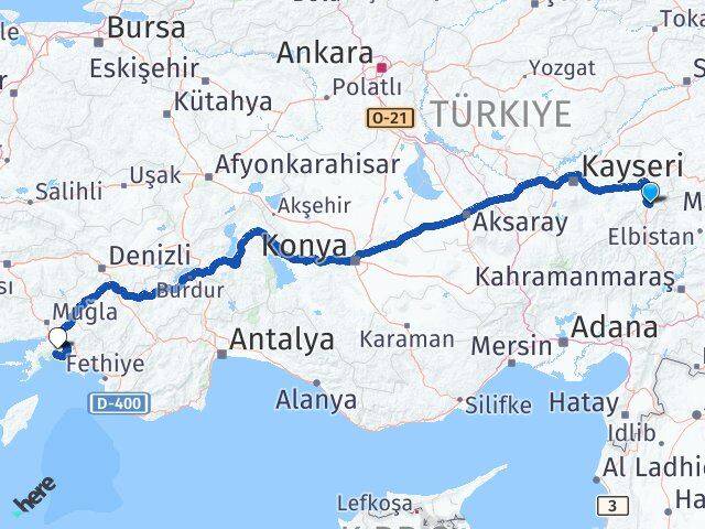 Kayseri Sarız Muğla Arası Kaç Km - Yol Haritası