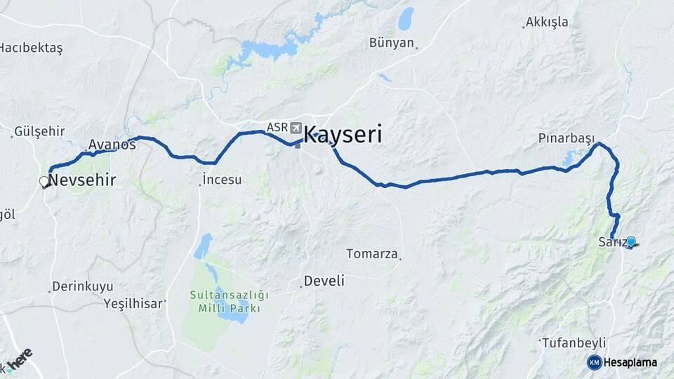 Kayseri Sarız Nevşehir Arası Kaç Km - Yol Haritası