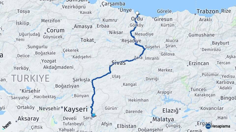 Kayseri Sarız Ordu Arası Kaç Km - Yol Haritası