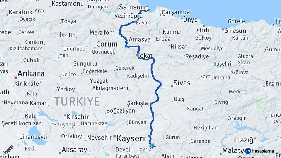 Kayseri Sarız Samsun Arası Kaç Km - Yol Haritası