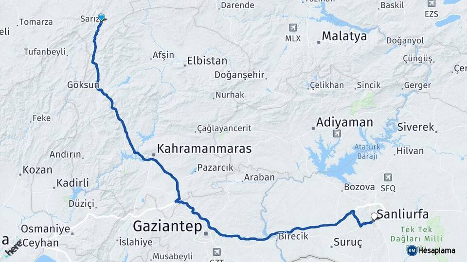 Kayseri Sarız Şanlıurfa Arası Kaç Km - Yol Haritası