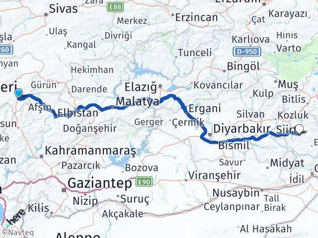 Kayseri Sarız Siirt Arası Kaç Km - Yol Haritası