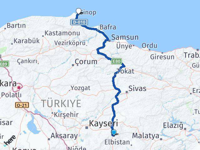 Kayseri Sarız Sinop Arası Kaç Km - Yol Haritası