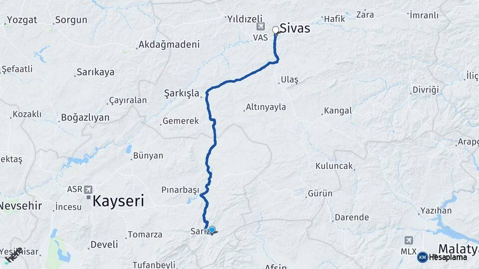 Kayseri Sarız Sivas Arası Kaç Km - Yol Haritası
