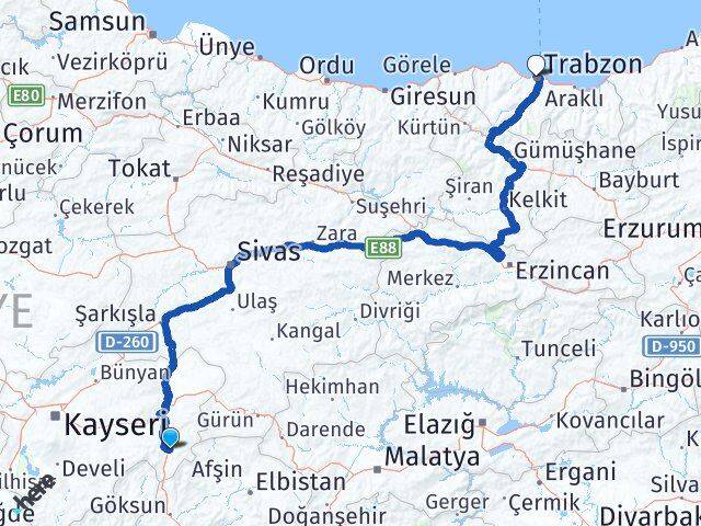 Kayseri Sarız Trabzon Arası Kaç Km - Yol Haritası
