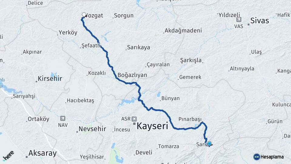 Kayseri Sarız Yozgat Arası Kaç Km - Yol Haritası