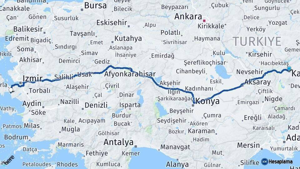 Kayseri Seferihisar İzmir Arası Kaç Km - Yol Haritası