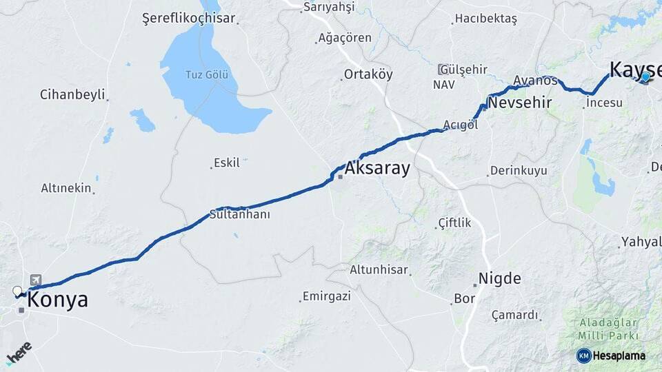 Kayseri Selçuklu Konya Arası Kaç Km - Yol Haritası