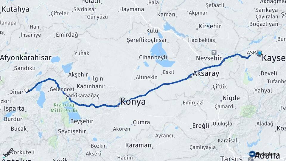 Kayseri Senirkent Isparta Arası Kaç Km - Yol Haritası