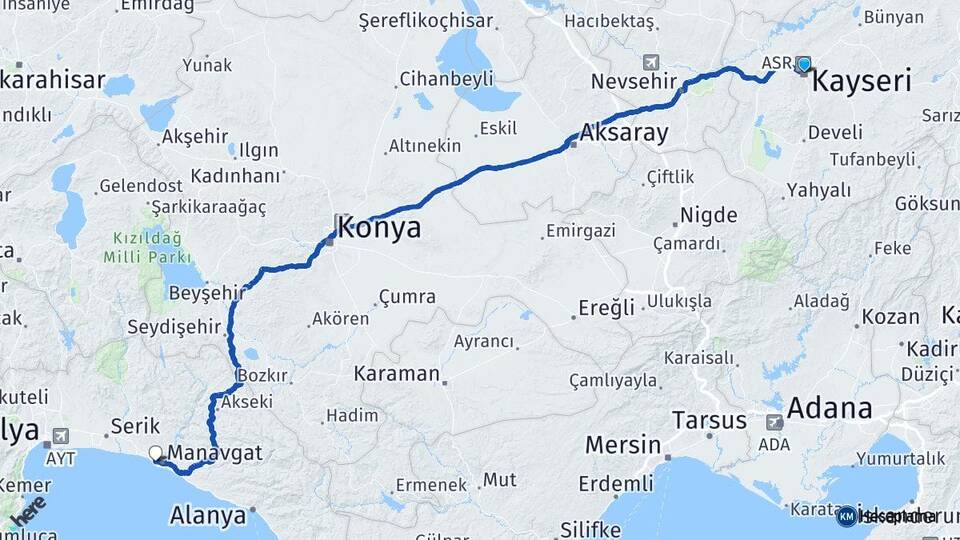 Kayseri Side Manavgat Antalya Arası Kaç Km - Yol Haritası
