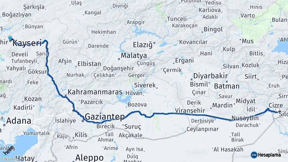 Kayseri Silopi Şırnak Arası Kaç Km - Yol Haritası