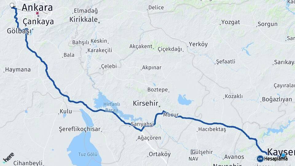 Kayseri Sincan Ankara Arası Kaç Km - Yol Haritası