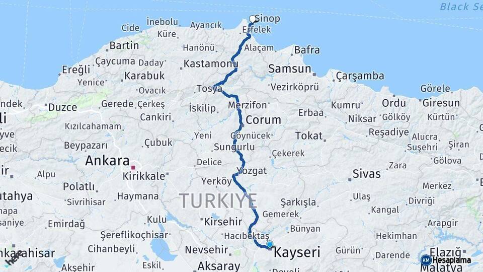 Kayseri Sinop Arası Kaç Km - Yol Haritası