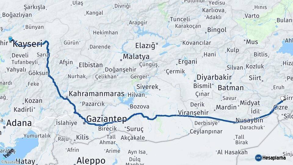 Kayseri Şırnak Arası Kaç Km - Yol Haritası