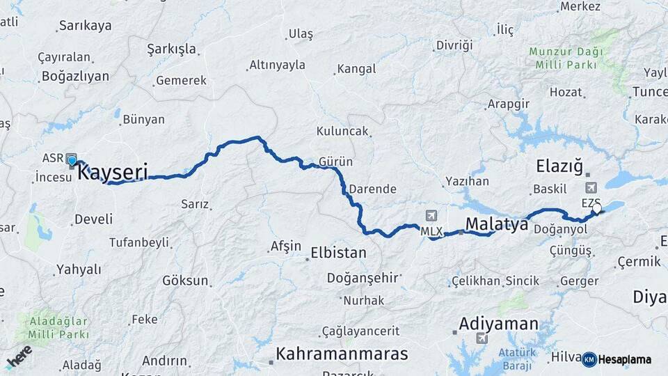 Kayseri Sivrice Elazığ Arası Kaç Km - Yol Haritası