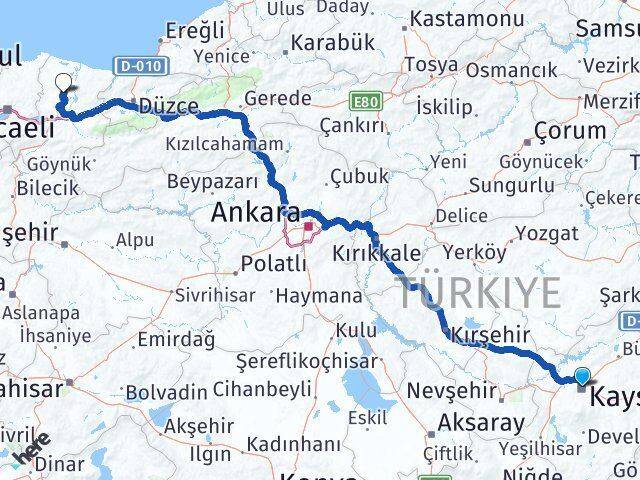 Kayseri Söğütlü Sakarya Arası Kaç Km - Yol Haritası