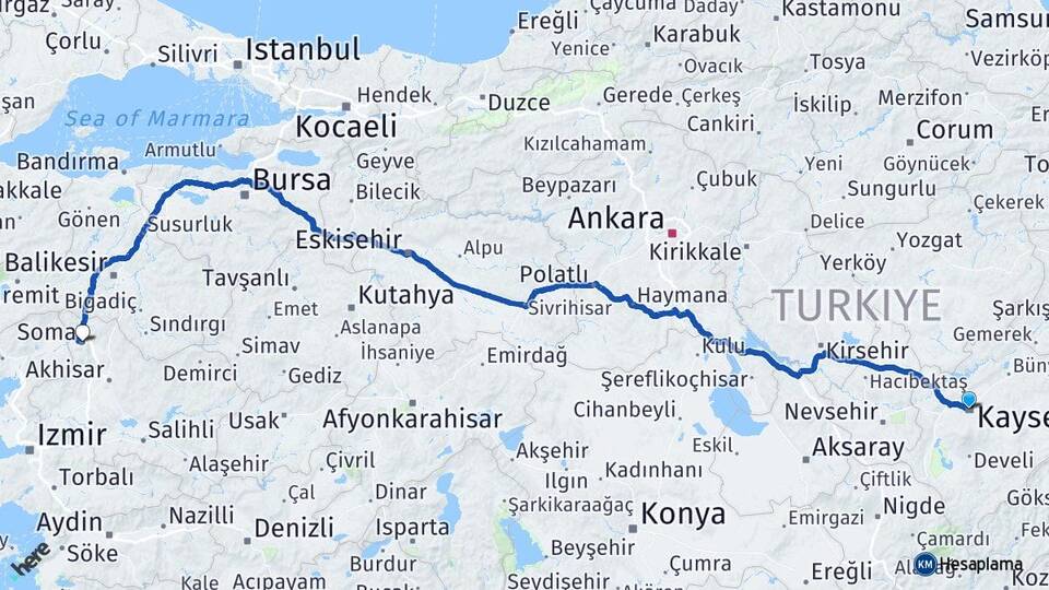 Kayseri Soma Manisa Arası Kaç Km - Yol Haritası