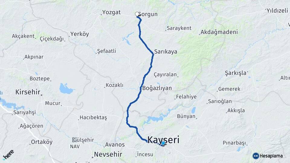 Kayseri Sorgun Yozgat Arası Kaç Km - Yol Haritası