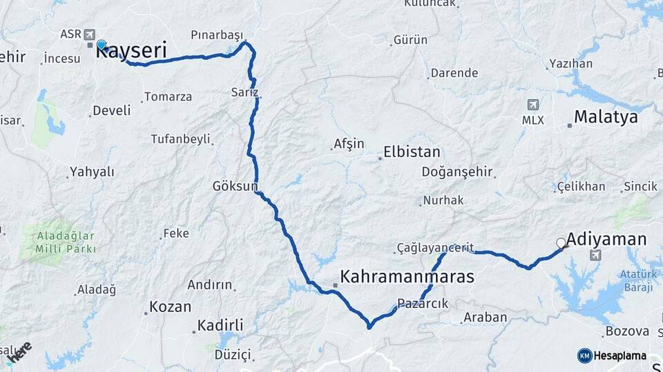 Kayseri Talas Adıyaman Arası Kaç Km - Yol Haritası