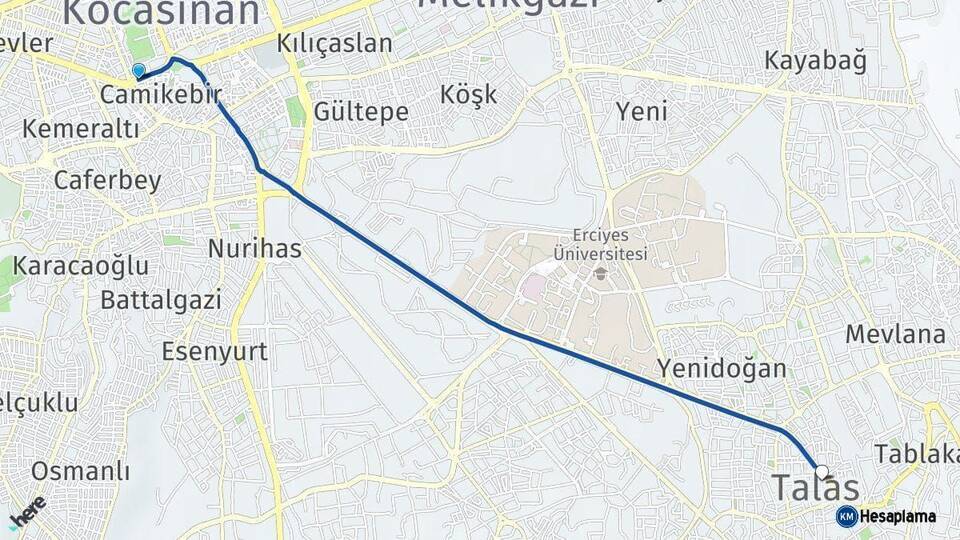 Kayseri Talas Arası Kaç Km - Yol Haritası