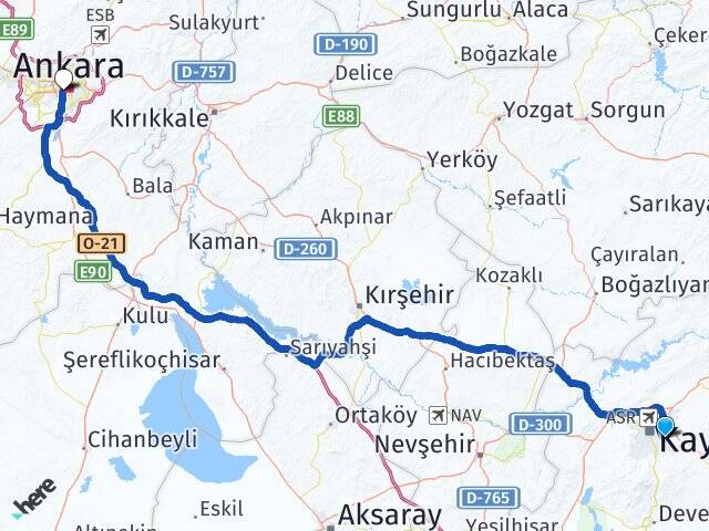 Kayseri Talas Balgat Çankaya Ankara Arası Kaç Km - Yol Haritası