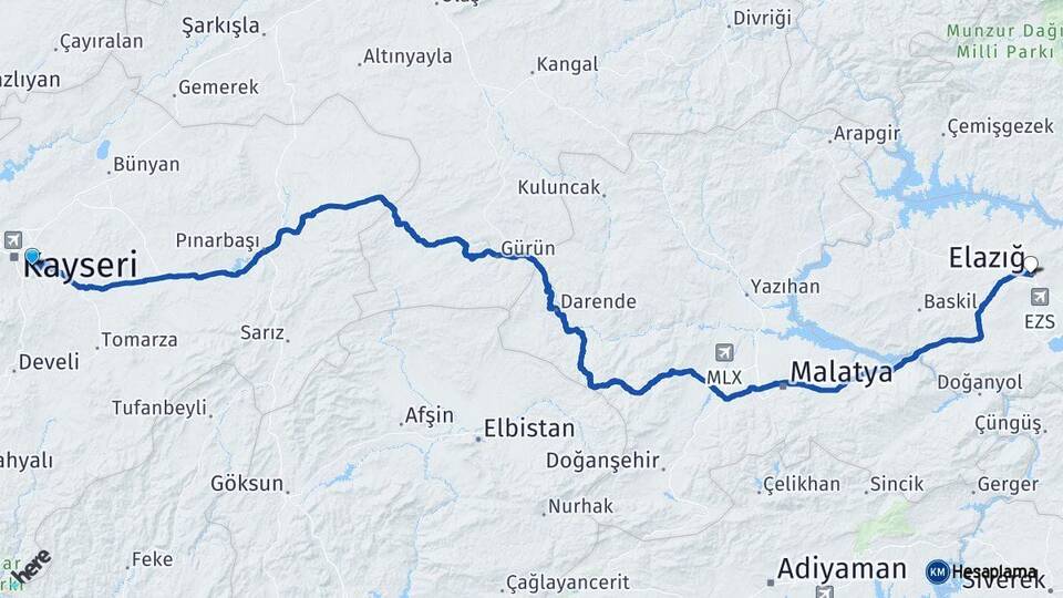 Kayseri Talas Elazığ Arası Kaç Km - Yol Haritası