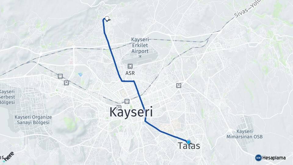 Kayseri Talas Erkilet Kocasinan Arası Kaç Km - Yol Haritası