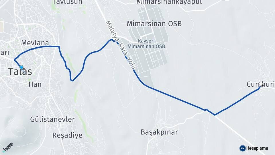 Kayseri Talas Kuruköprü Talas Arası Kaç Km - Yol Haritası