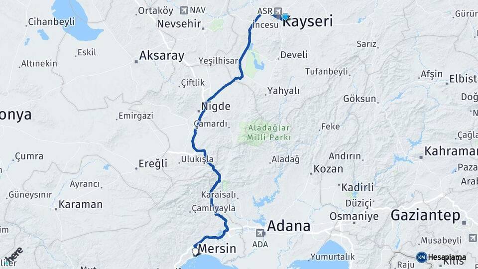 Kayseri Talas Mersin Arası Kaç Km - Yol Haritası