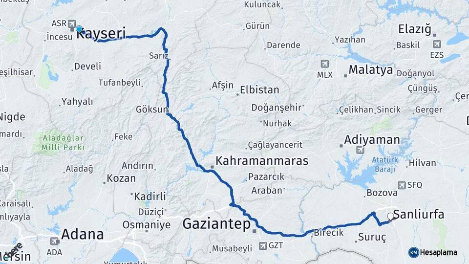 Kayseri Talas Şanlıurfa Arası Kaç Km - Yol Haritası