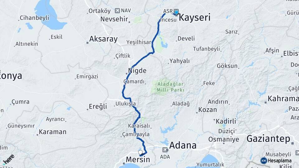 Kayseri Tarsus Mersin Arası Kaç Km - Yol Haritası