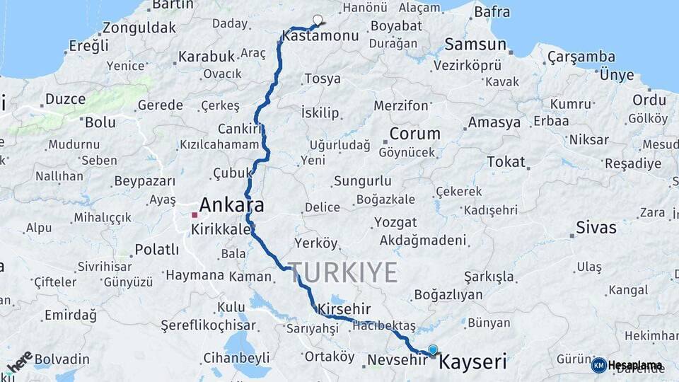 Kayseri Taşköprü Kastamonu Arası Kaç Km - Yol Haritası