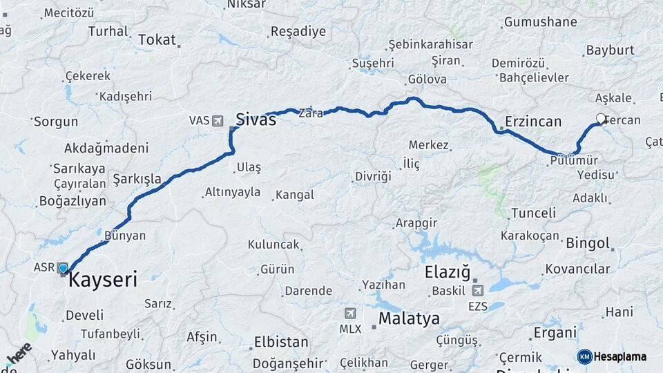 Kayseri Tercan Erzincan Arası Kaç Km - Yol Haritası