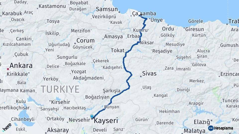 Kayseri Terme Samsun Arası Kaç Km - Yol Haritası