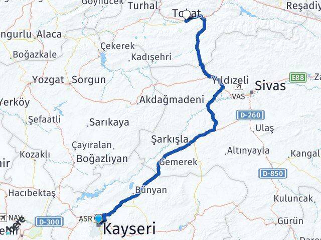 Kayseri Tokat Havalimanı Arası Kaç Km - Yol Haritası