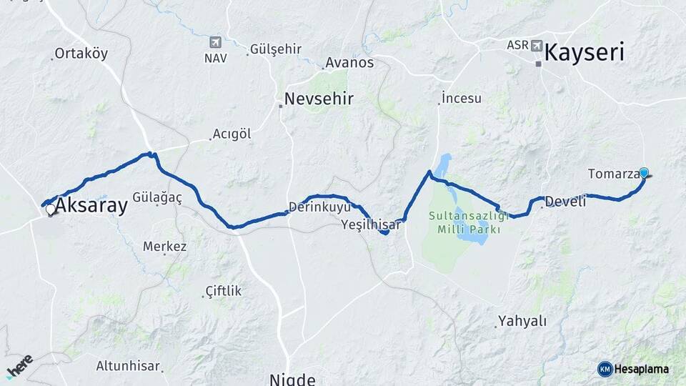 Kayseri Tomarza Aksaray Arası Kaç Km - Yol Haritası