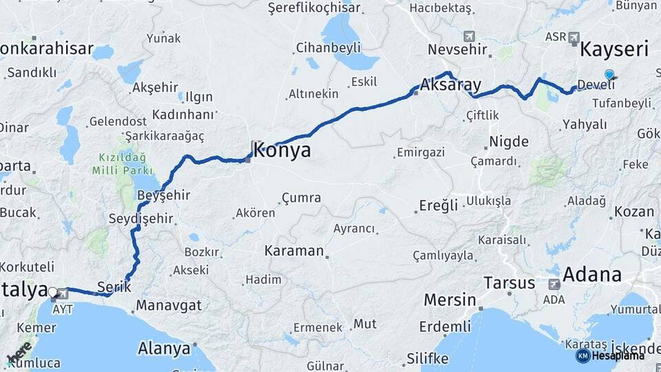 Kayseri Tomarza Antalya Arası Kaç Km - Yol Haritası