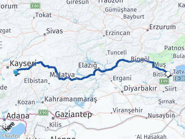 Tomarza Bitlis Arası Kaç Km - Yol Tarifi