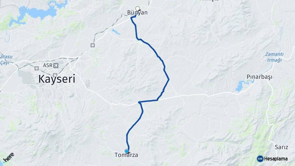 Kayseri Tomarza Bünyan Arası Kaç Km - Yol Haritası