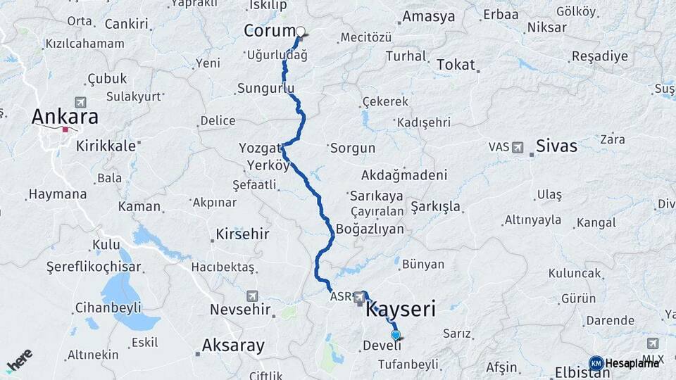 Kayseri Tomarza Çorum Arası Kaç Km - Yol Haritası